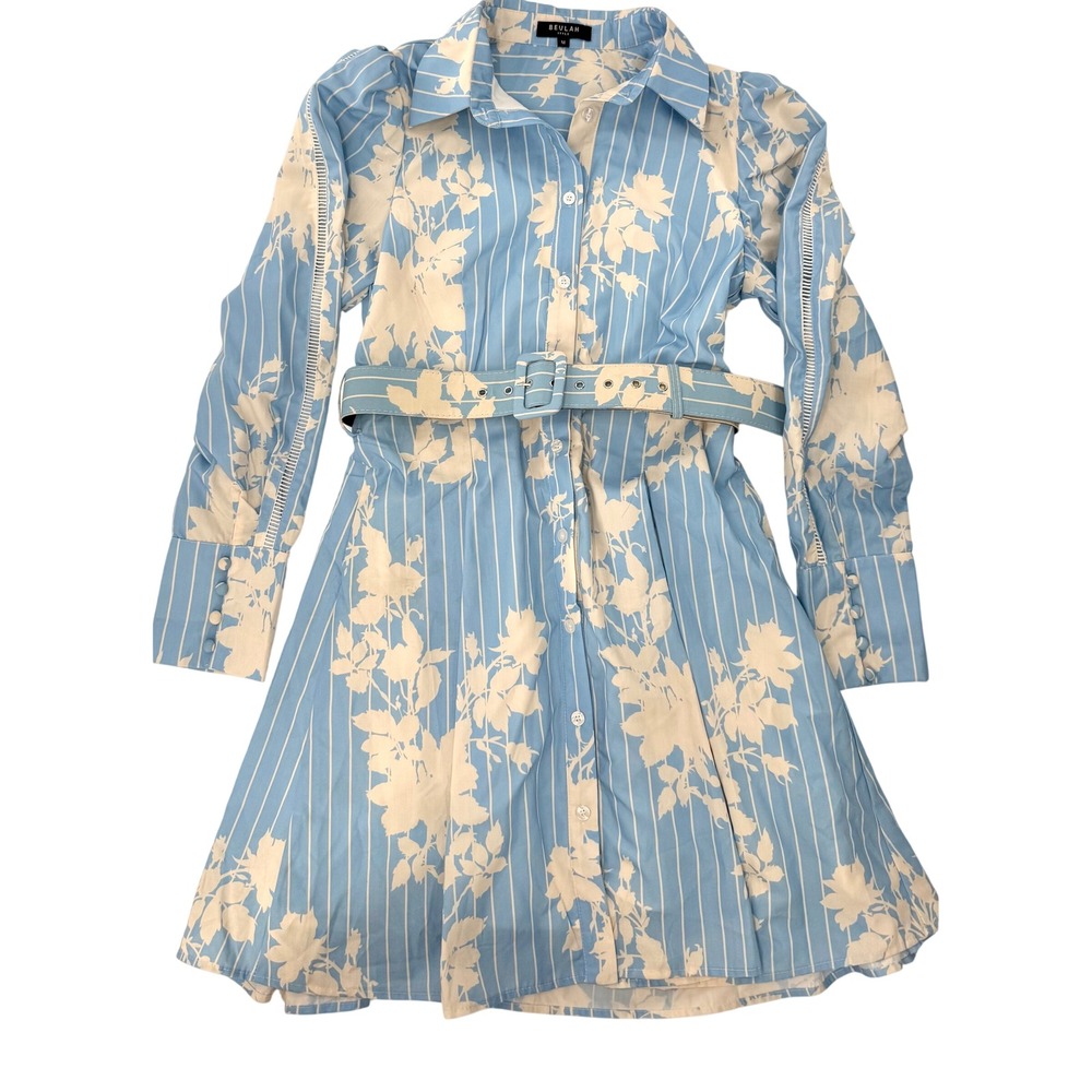 Beulah Shirt Long Sleeve Dress Women M Blue Good Condition Floral Stripe Belted